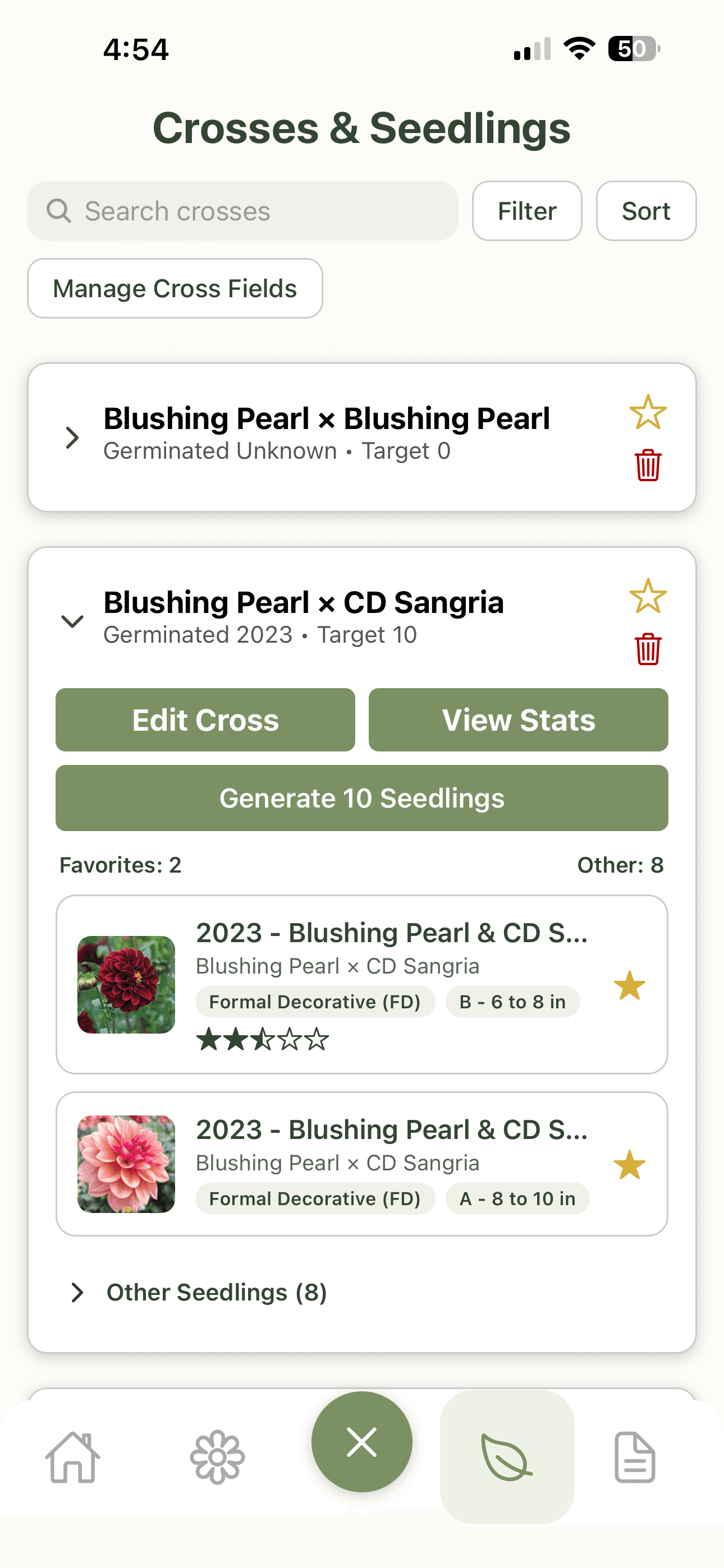 Seedlings page with list and evaluation statuses